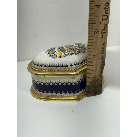 Sankyo Japan Heart Shape Design Musical Trinket Box White Blue Gold Hand Painted - Picture 8 of 8